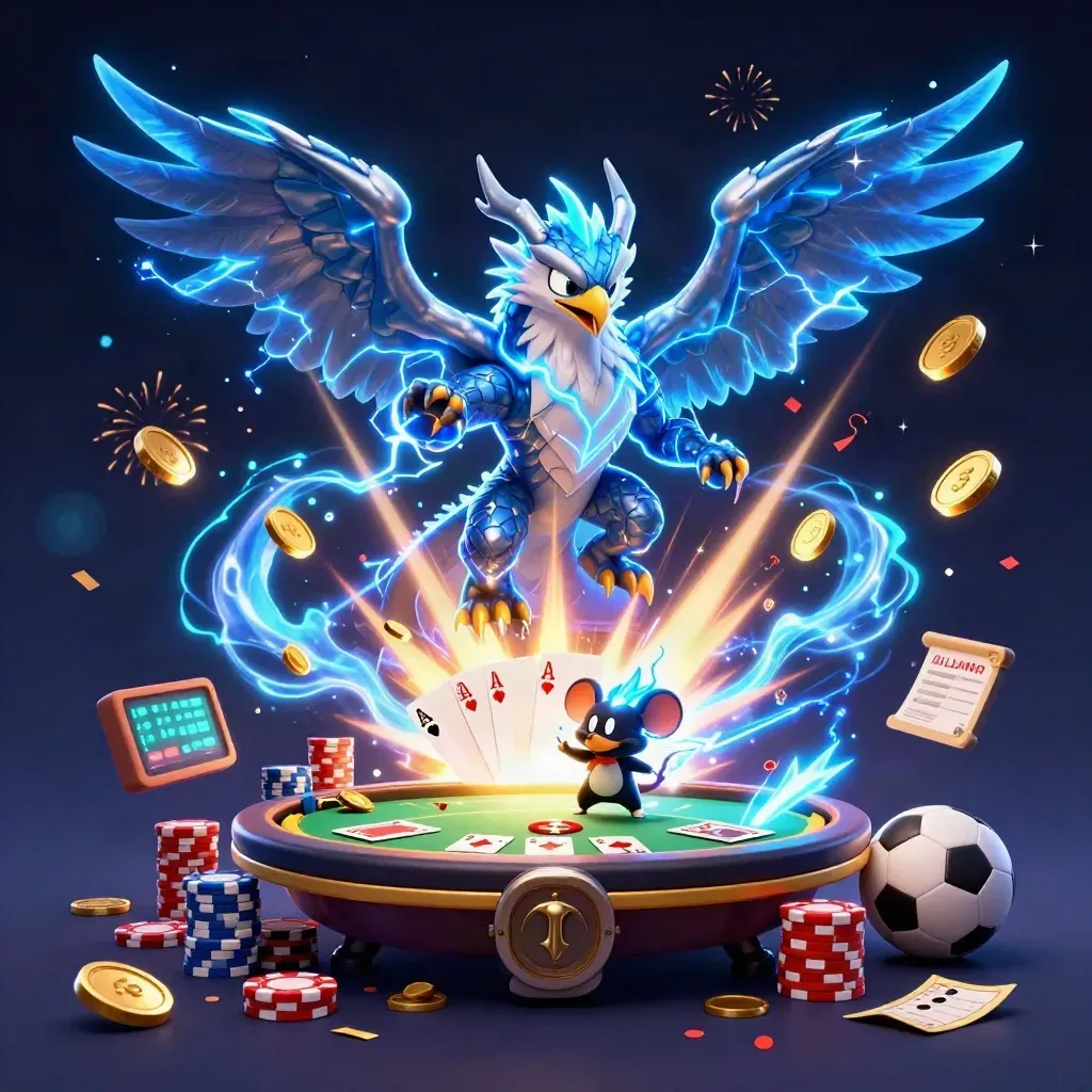 Thunder dragon, wind hawk, and crackling mouse amid casino coins, chips, fireworks, and blue lightning
