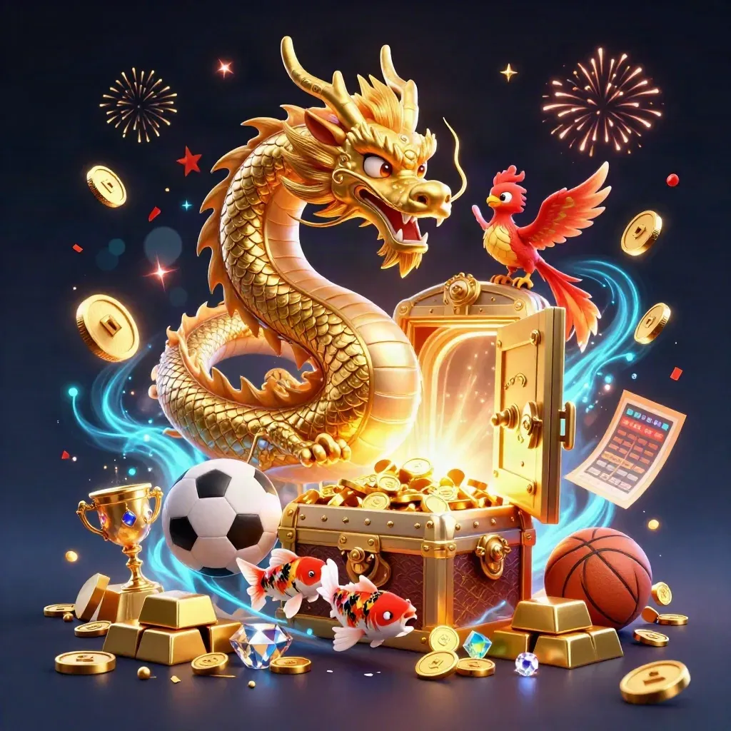 Golden dragon, phoenix, and koi burst from a treasure vault with coins, gems, and sports betting icons.