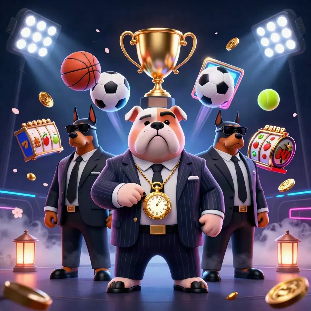Bulldog boss with two Doberman guards amid casino-sports chaos and neon effects