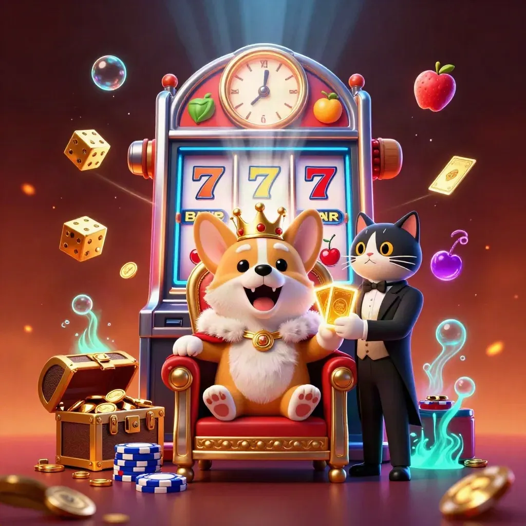 Royal corgi and cat butler amid jackpot reels, dice, coins, and glowing casino effects