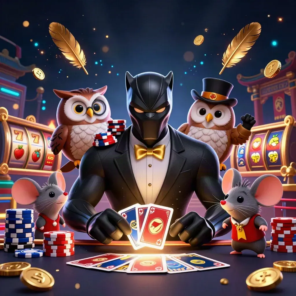 Panther dealer, owl chip-holder, and mouse by casino reels in a neon temple-ring scene.