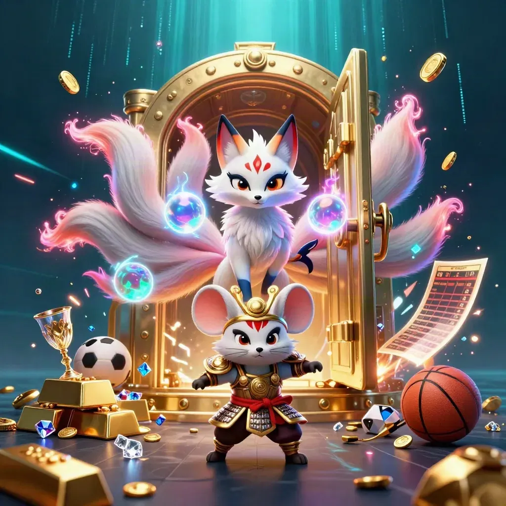 Nine-tailed fox spirit and armored mouse amid gold vault, gems, and neon casino bursts.