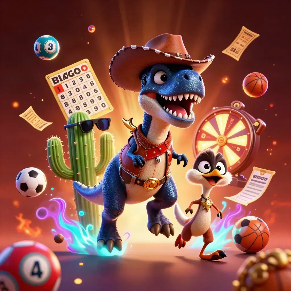 Cowboy T-Rex, cactus, and roadrunner amid casino prizes, glowing in neon blue and red.