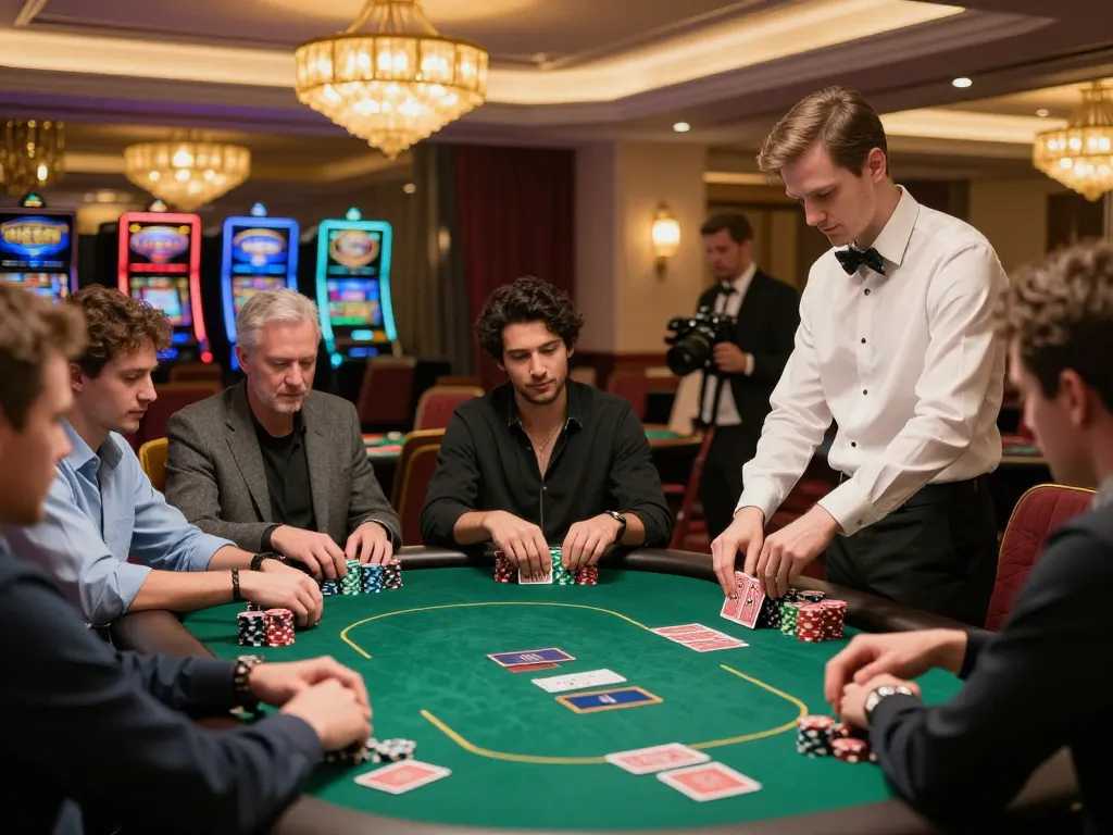RR88 players engaged in a high-stakes poker game, showcasing strategy and excitement in a luxurious casino setting.