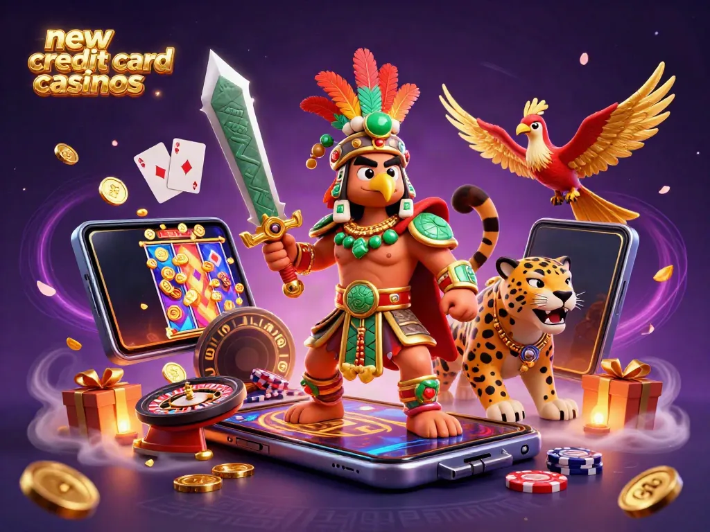 Experience thrilling gameplay at new credit card casinos with Aztec warriors, slots, and vibrant casino elements.