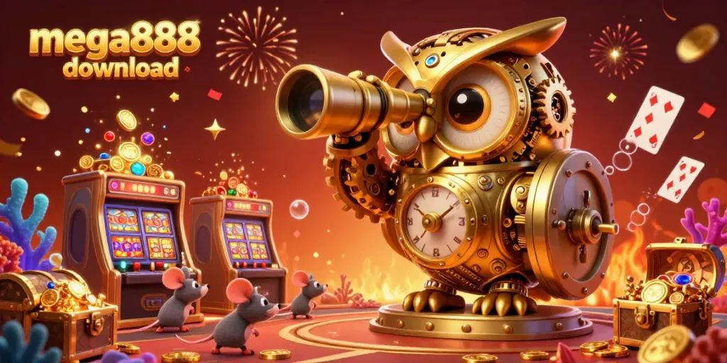 Mega888 download the exciting world of online gaming with a detailed 3D illustration of an owl and vibrant slot machines.