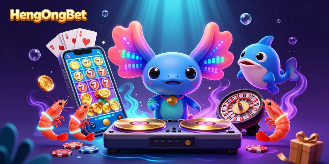 Experience vibrant gaming excitement with HengOngBet's neon axolotl DJ and thrilling slots.