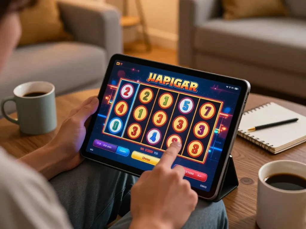 Player spins reels on LGOSUPER’s online slots, showcasing excitement in a cozy home setup.