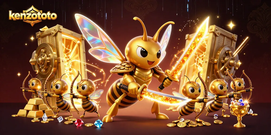 Experience the thrill of kenzototo with a vivid 3D illustration of a golden hornet samurai guarding treasures in a dynamic casino setting.