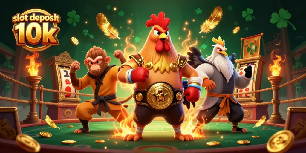 Gambarkan sensasi bermain slot deposit 10k dengan karakter unik dalam ilustrasi 3D penuh warna.