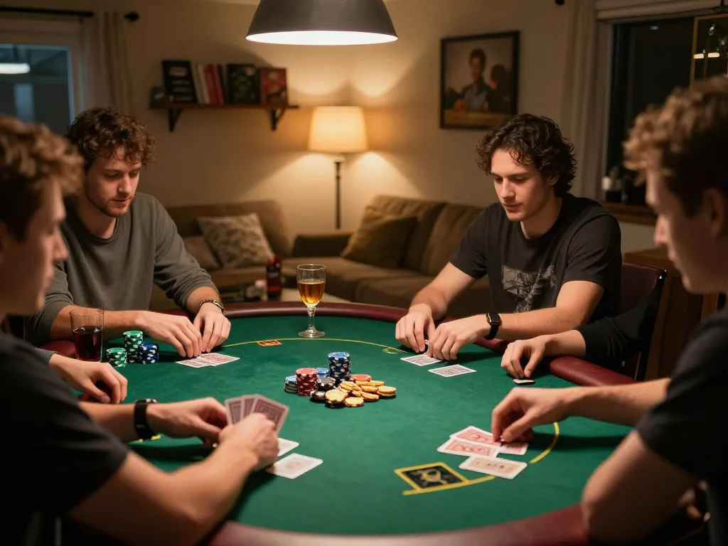 Engaged players enjoying a friendly poker game at home, showcasing cards and chips from https://lv88cha.com/ gaming strategy.