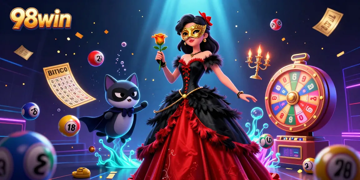 Join the excitement at 98win with vibrant lottery balls and casino elements creating a thrilling experience.