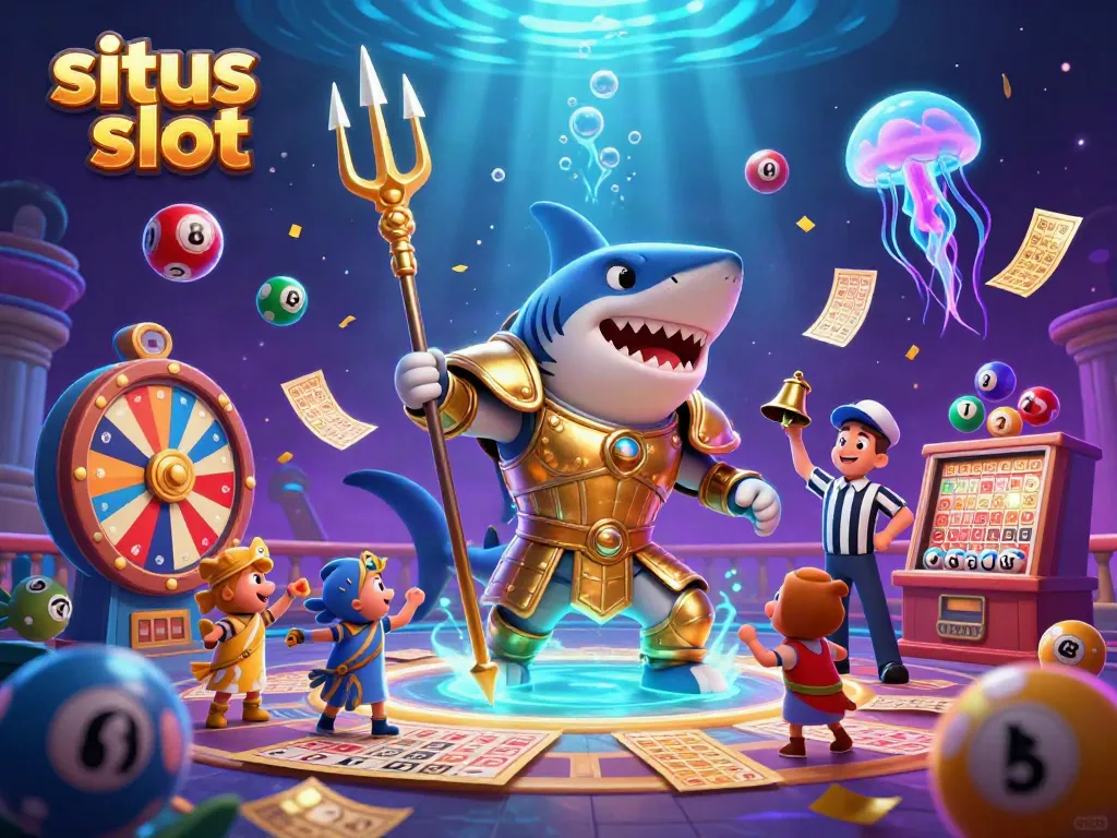Menang di situs slot dengan ilustrasi kasino bawah laut yang penuh warna dan elemen permainan.