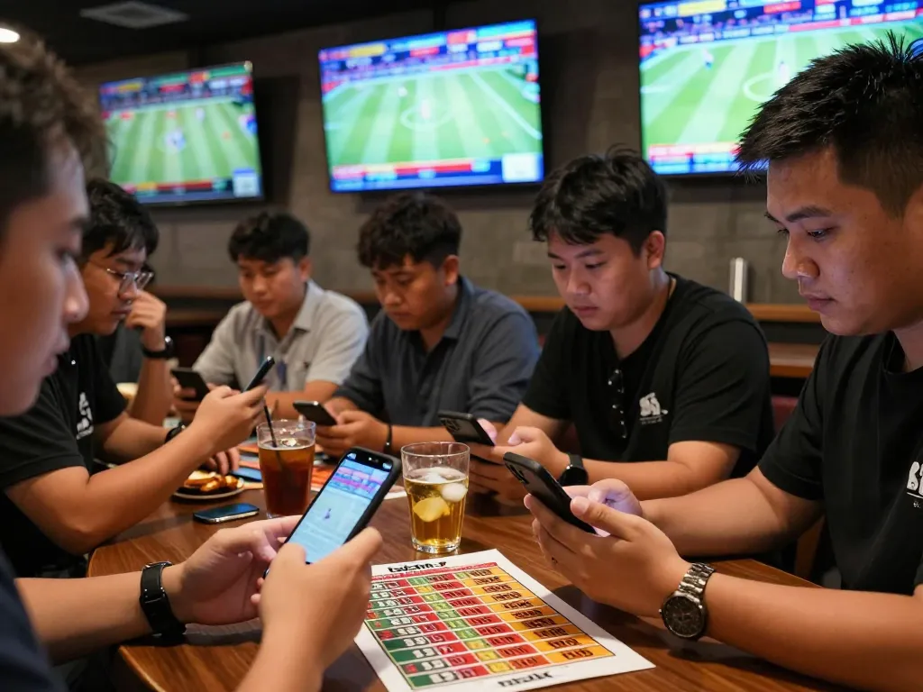 Engaging clients placing bets in a lively sports bar for toto hk games, atmosphere full of excitement.