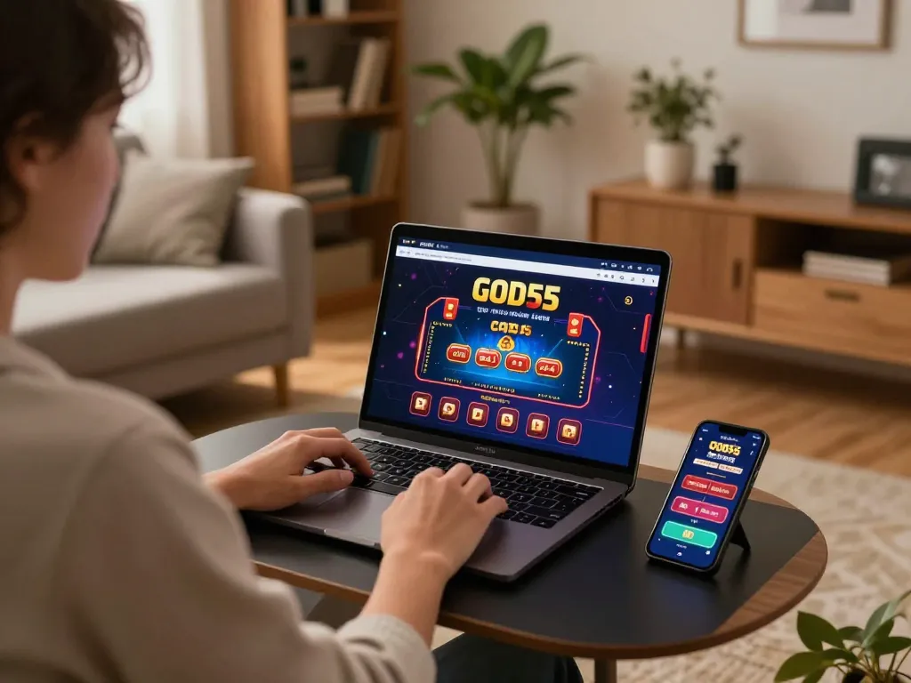 Engaging gameplay with God55 online casino interface in a cozy home setting, showcasing strategic gambling.