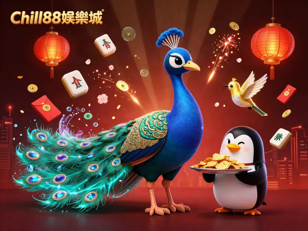Chill88娛樂城的動態場景，展現華麗的孔雀、企鵝服務員和黃金蜂鳥，周邊浮動著麻將牌及火焰花火。