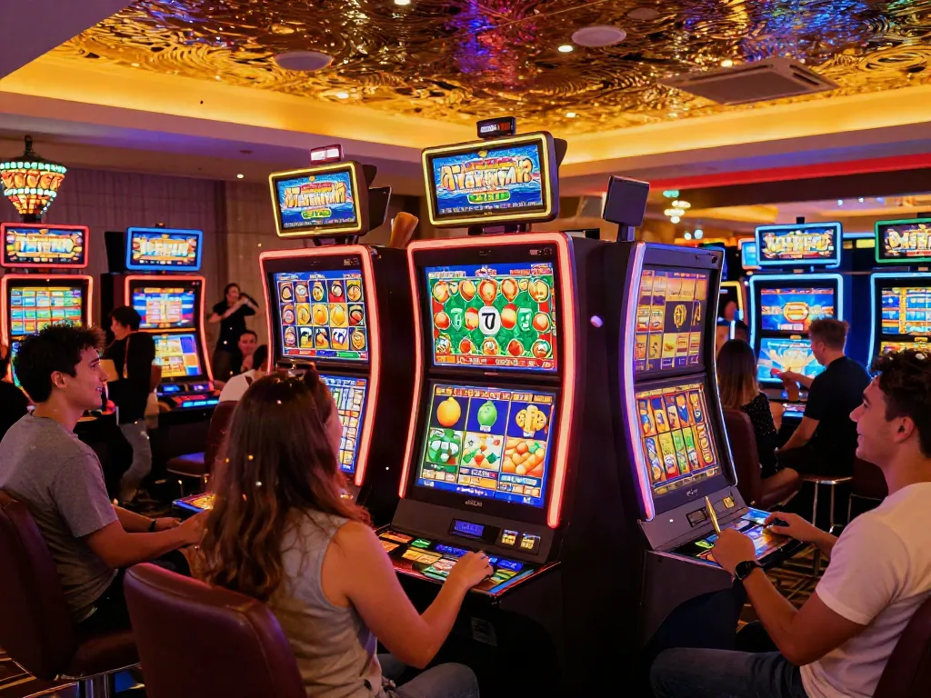 Exciting Lucky777 casino scene with players celebrating jackpots and vibrant slot machines.