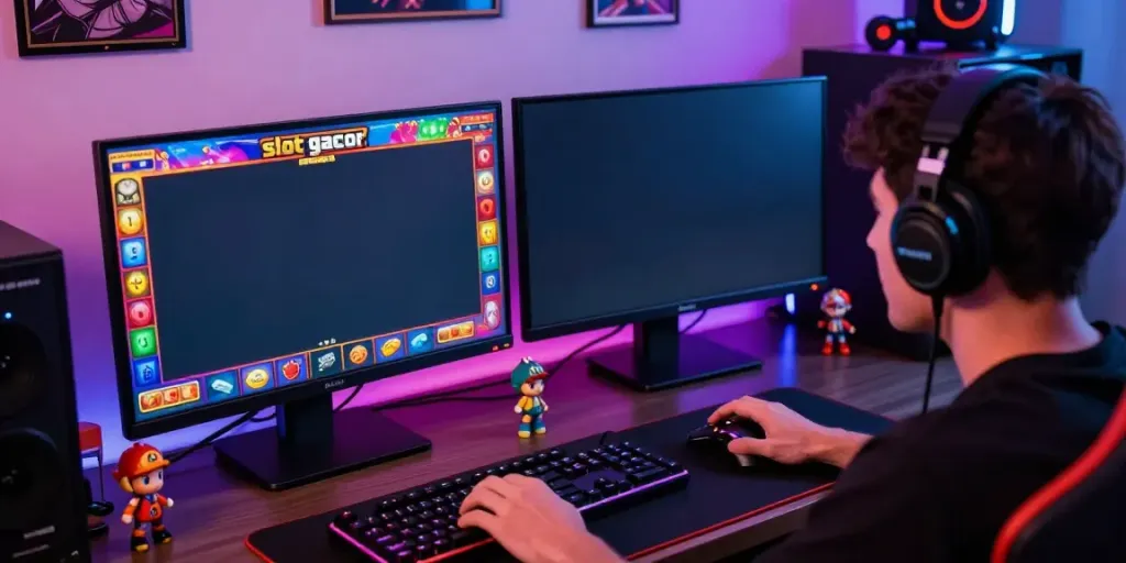 Exciting online gaming session with "slot gacor" player immersed in vibrant virtual slots.