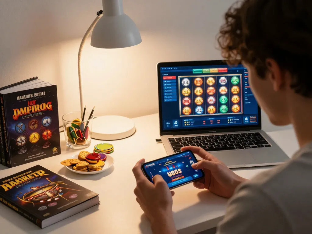 Player exploring RR88 gaming options on smartphone in cozy home office, depicting online betting.