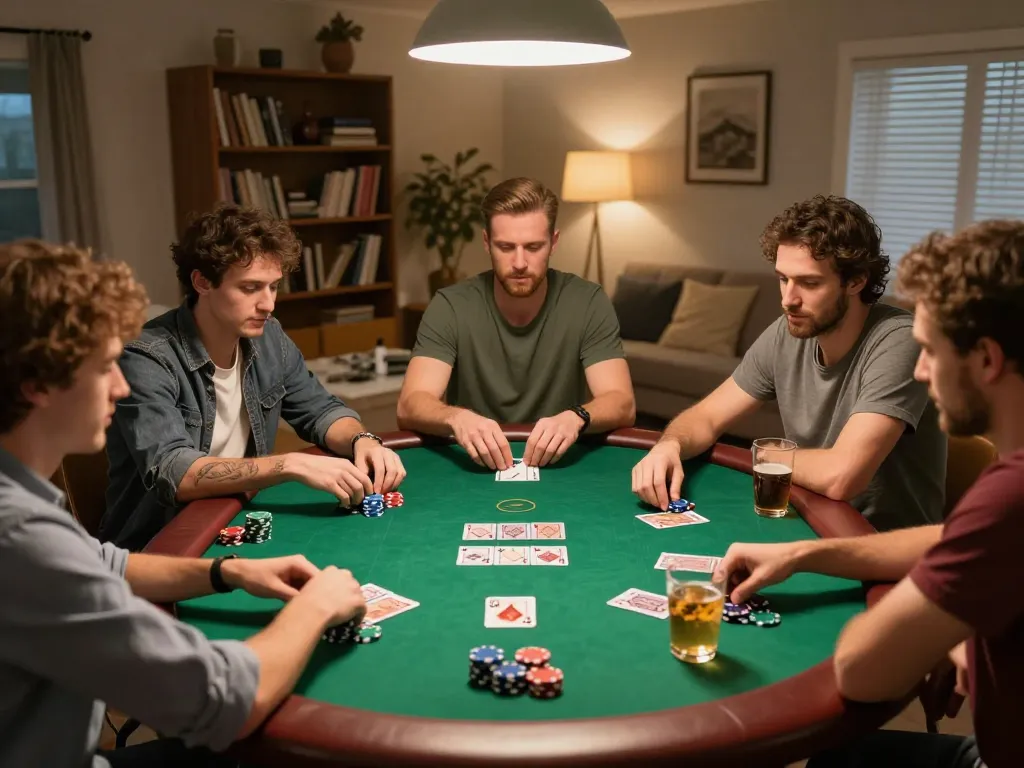 Friends enjoying a competitive poker game at home, featuring sc88 poker chips and vibrant atmosphere.