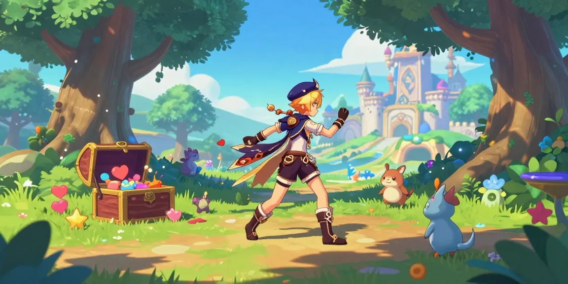 Engaging ecchi game character exploring a colorful fantasy landscape filled with charming creatures and whimsical props.
