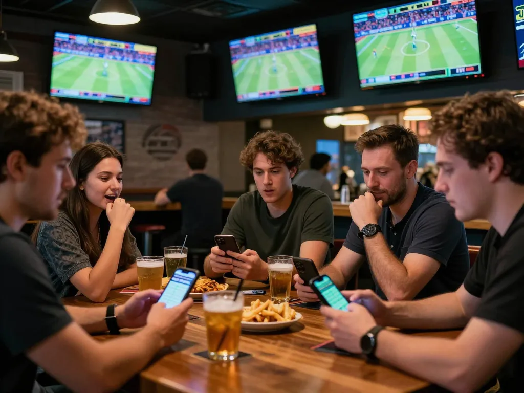 Patrons at Jun88 actively engaging in sports betting with smartphone apps during a live game.