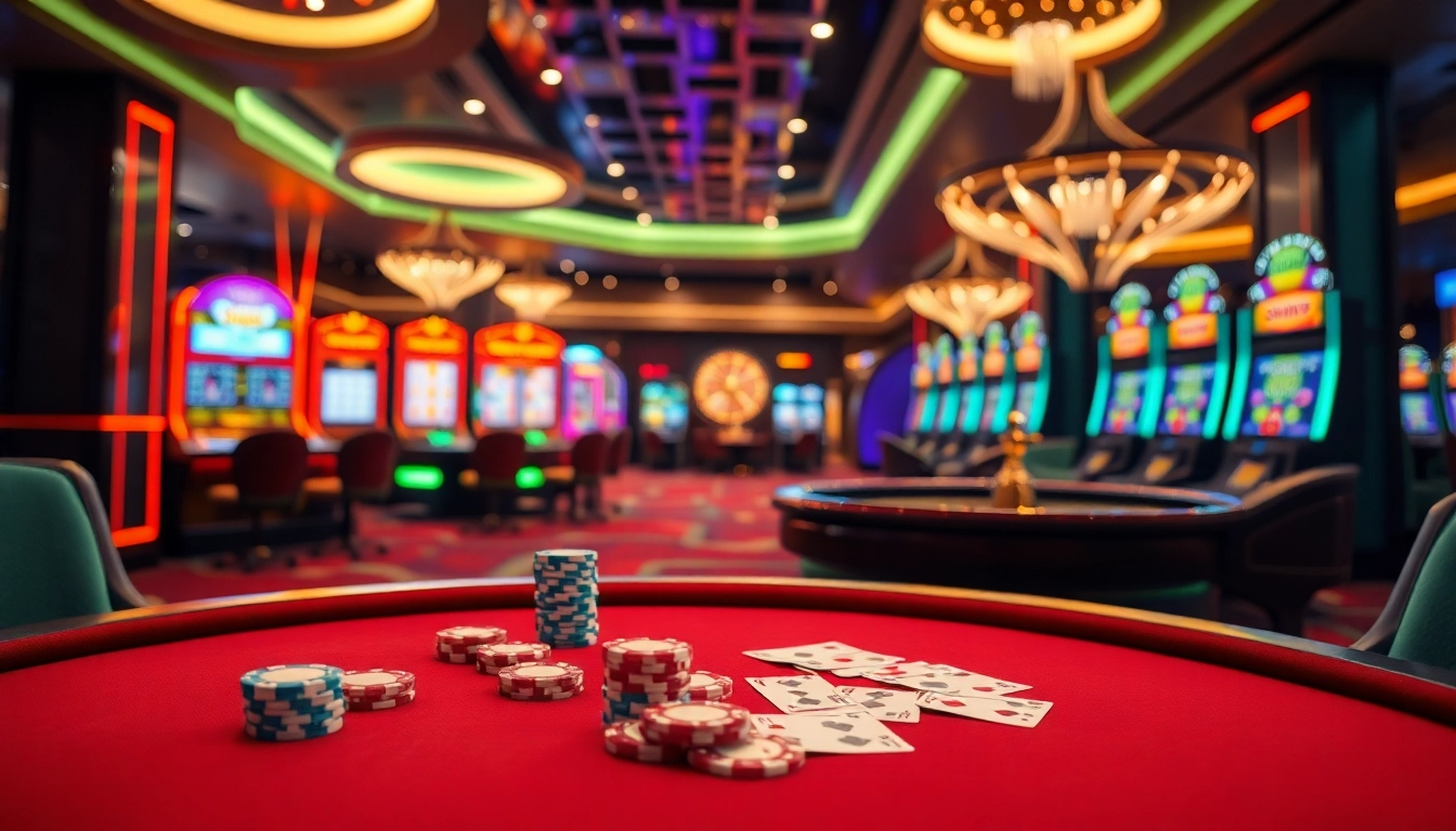 SUNWIN casino table with vibrant poker chips, cards, and dazzling slot machines, exuding luxury.