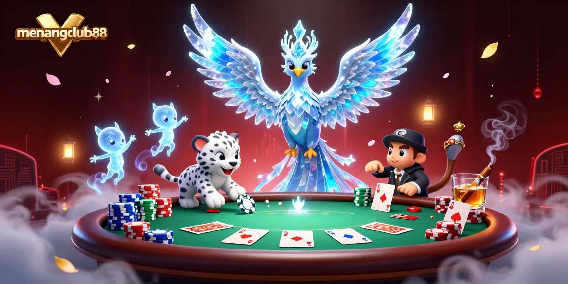 Engage with menangclub88's exciting poker scene featuring a lively ice phoenix and enchanting sprites.