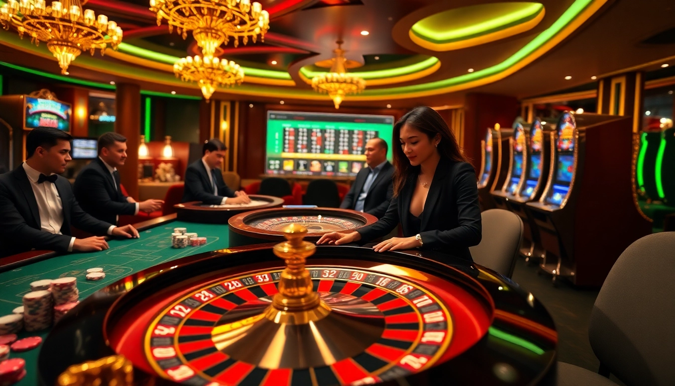 Players enjoying games at a vibrant casino while betting on 99ok platforms, showcasing excitement and professionalism.