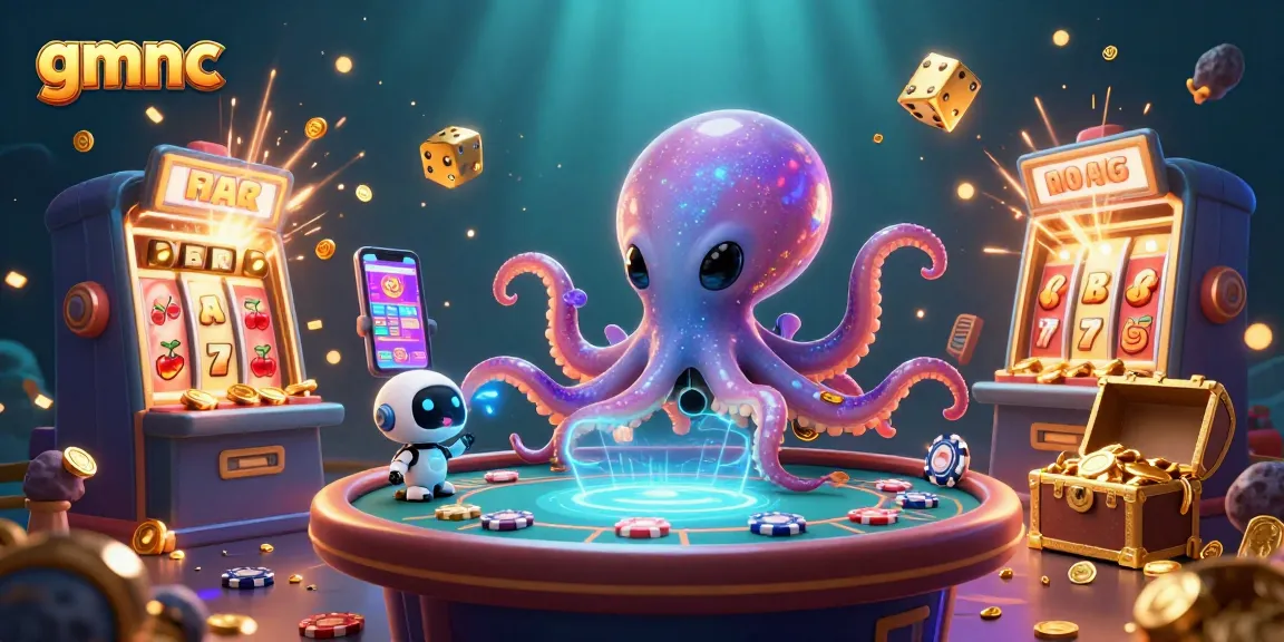 Watch the alien octopus operating casino games and winning with gmnc features in a vibrant underwater scene.