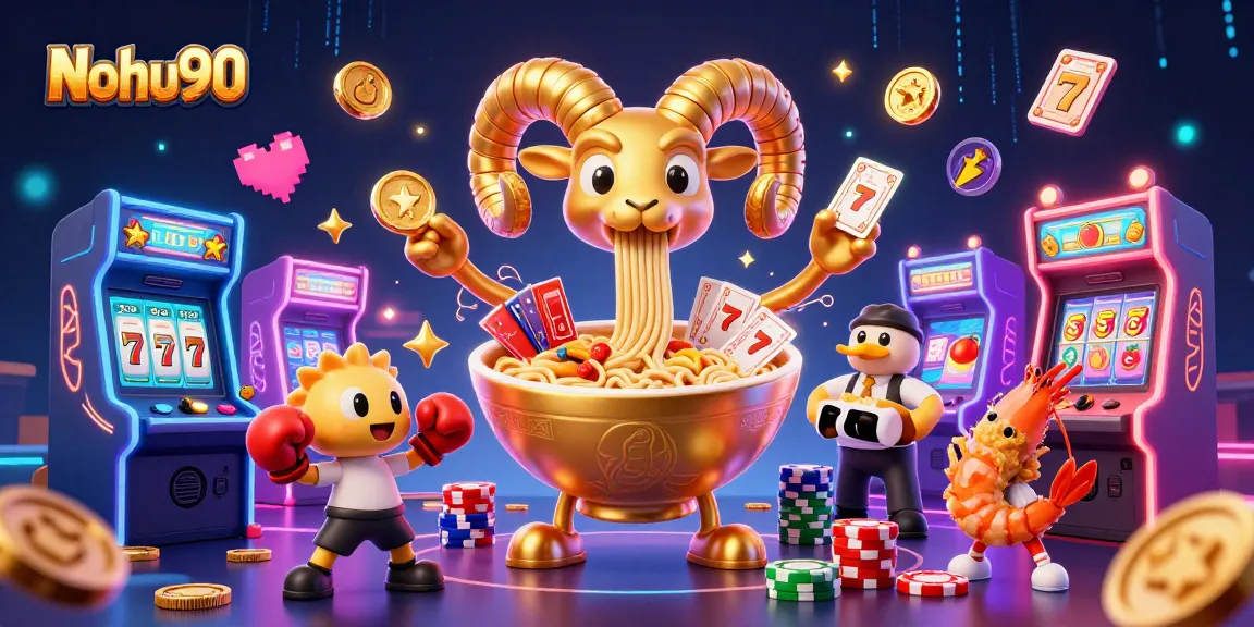 Engage with Nohu90's thrilling slots depicted by a giant ramen bowl character among vivid gambling scenes.