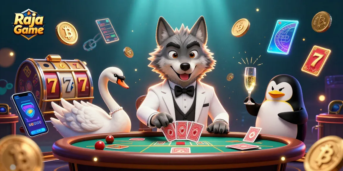 Play exciting games on Raja Game with a lively casino scene featuring thrilling characters and game elements.