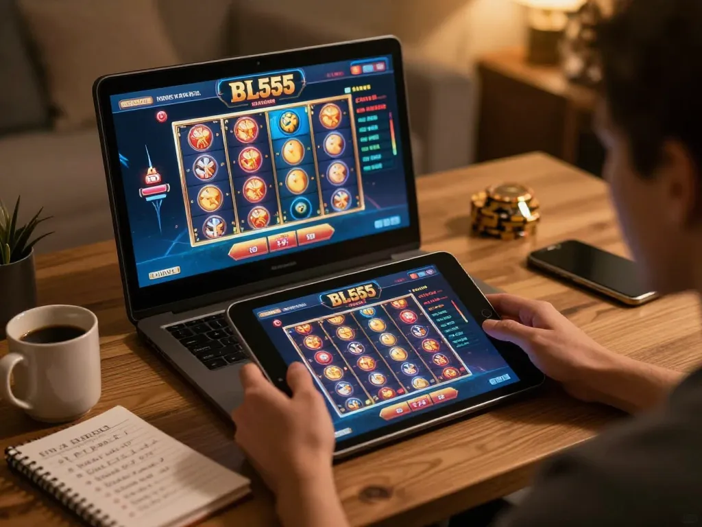 Engaging online gaming experience at trang chủ BL555 on a cozy home setup with tablet displaying exciting games