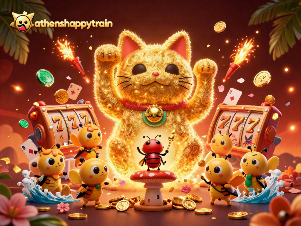 Experience the exciting athenshappytrain scene with the lucky cat and vibrant casino symbols.