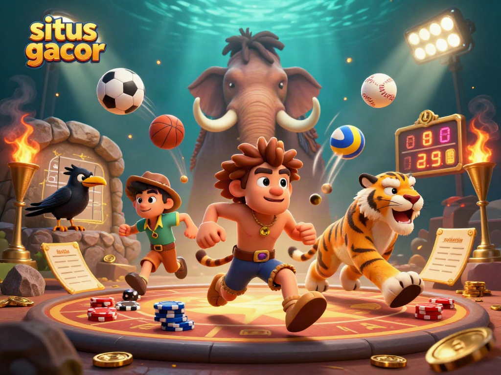 Experience thrilling wins at situs gacor with a vibrant 3D prehistoric casino scene full of dynamic sports elements.