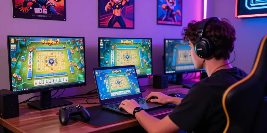 Pengguna mesinmpo bermain Mahjong Ways 2 di laptop dengan suasana gamification yang ceria.
