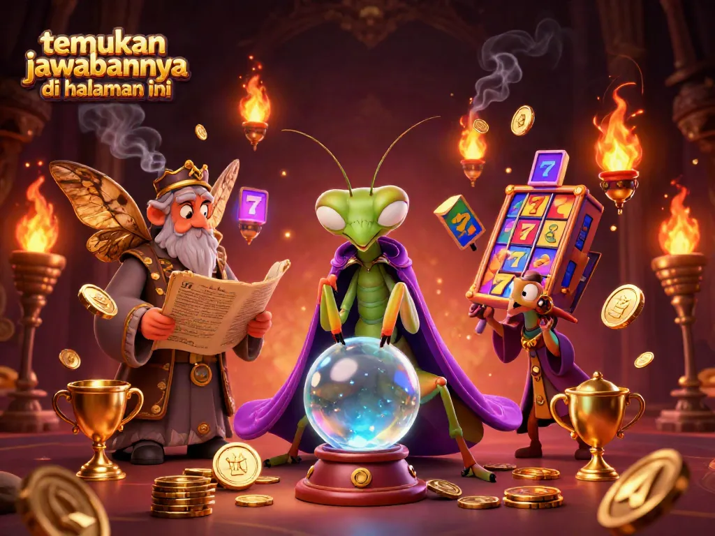 Gambaran 3D kartun dengan juru ramal belalang dan elemen jackpot untuk tema temukan jawabannya di halaman ini.