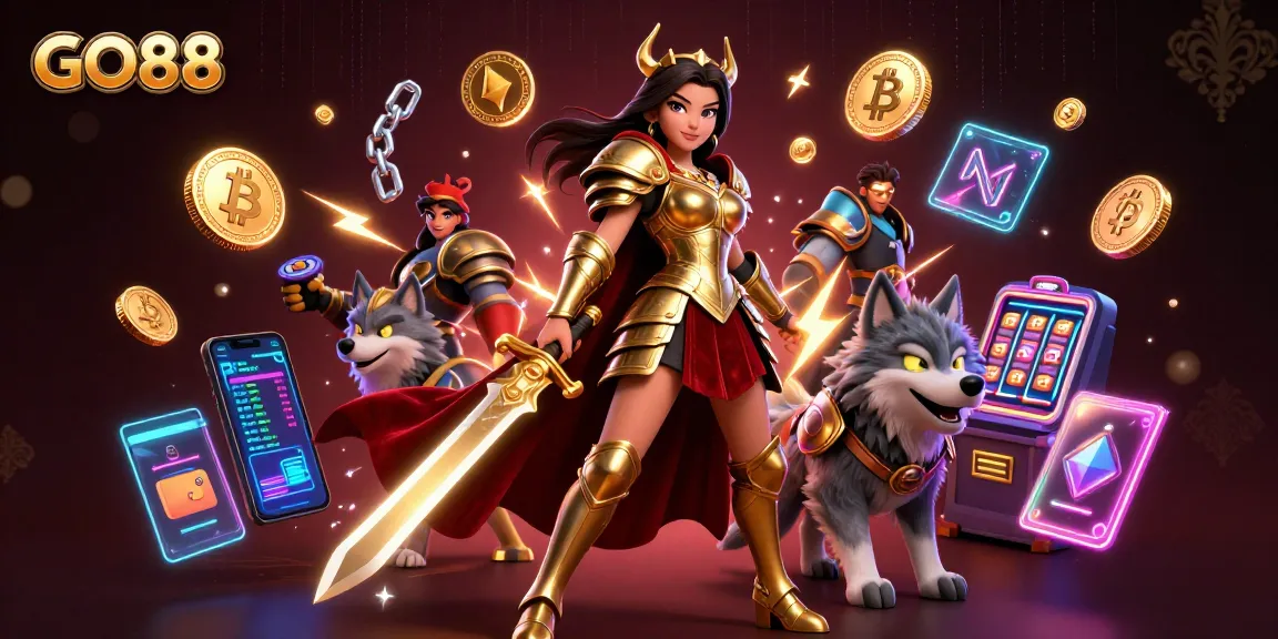 Engage in thrilling gameplay at GO88 with a dazzling 3D warrior queen and her glowing wolf companion amidst vibrant neon casino elements.