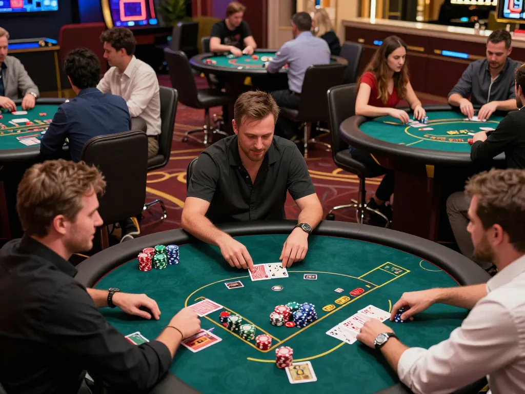 Sunwin casino players engaging in exciting gameplay at various tables during a vibrant night