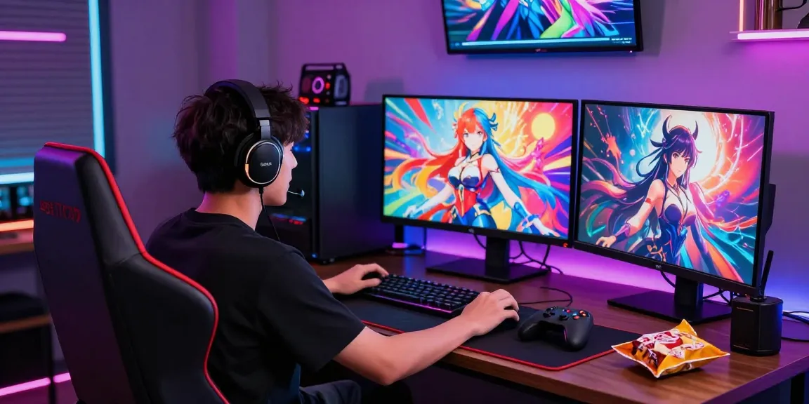 Engaged player exploring popular hentai games in a colorful gaming setup.