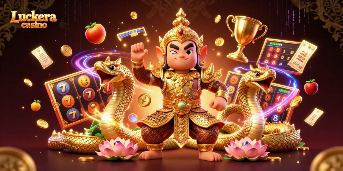 Luckera casino features a dynamic 3D illustration with Thai guardian and slot symbols.