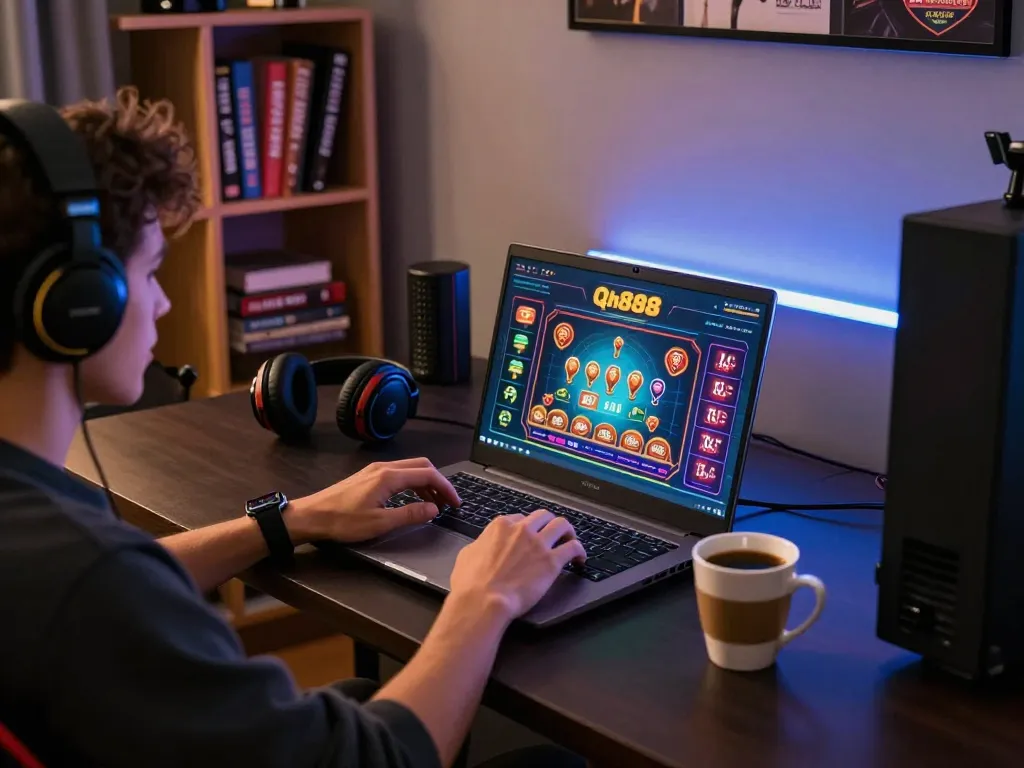 Player immersed in Qh888 online gaming on a laptop in a cozy home environment.