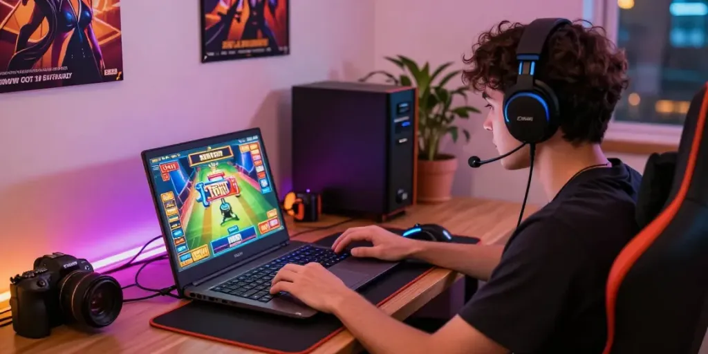 Player immersed in SLOT TOTO gaming experience at a modern desk.