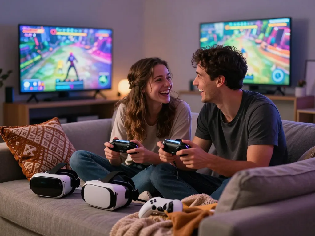 Couple enjoying sex games on digital devices in a cozy gaming setting, highlighting fun and intimacy.