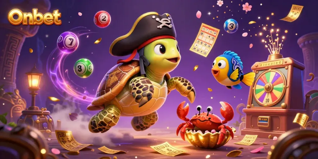 Experience thrilling gameplay with Onbet's vibrant lottery scene featuring colorful elements and exciting characters.