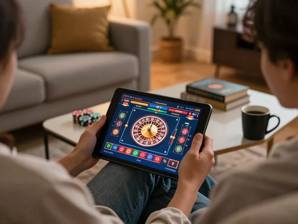 Engaging online casino gaming at home highlighting Canada online casinos with a tablet and roulette interface.