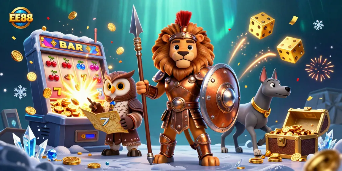Experience the thrill of gaming with EE88's dynamic casino scene, featuring a heroic lion, owl strategist, and swift greyhound.