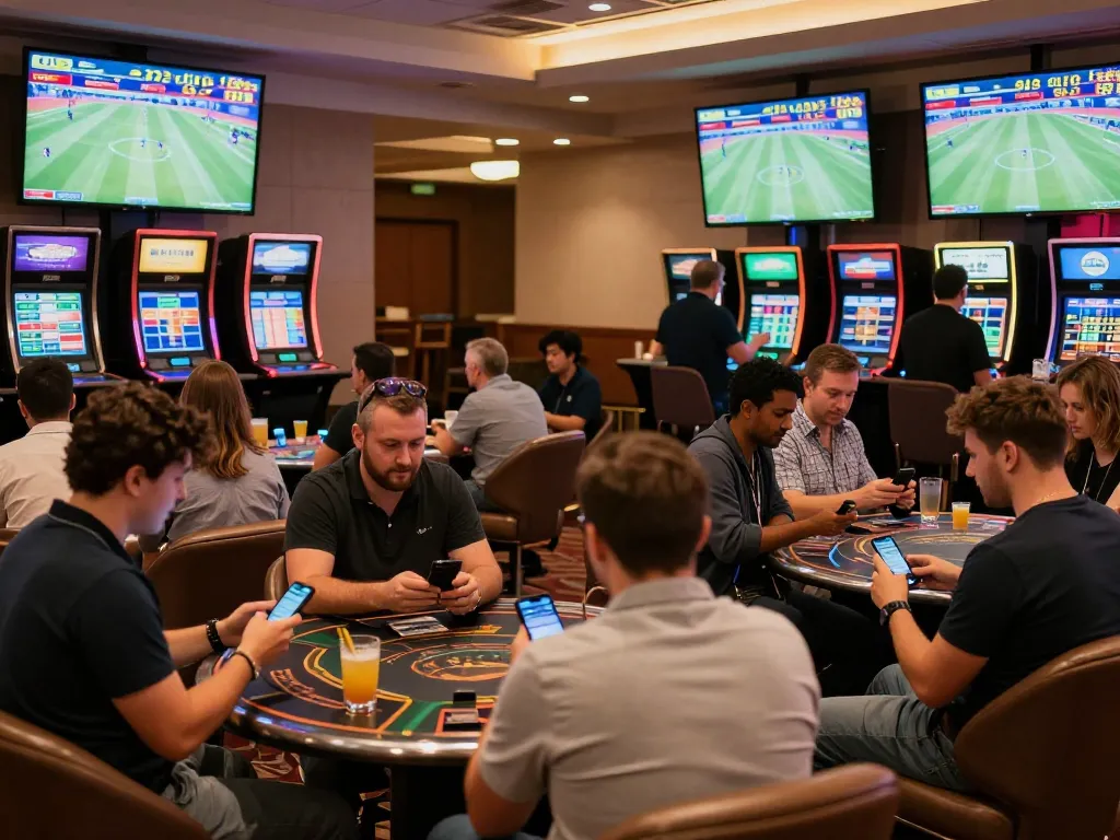 au88 players engaged in sports betting surrounded by screens displaying live odds and matches
