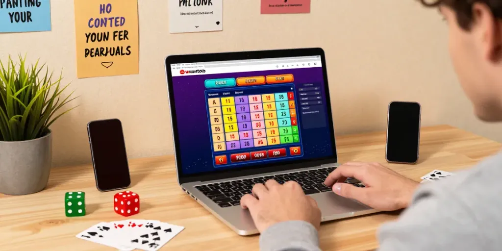 Player enjoying unsurtoto online gaming with laptop and colorful gaming props.