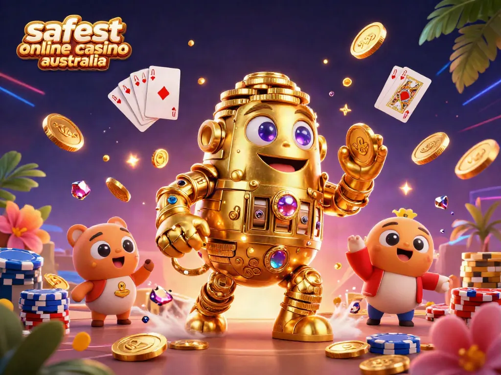 Engage in winning strategies at the safest online casino Australia, featuring golden golem and casino elements.